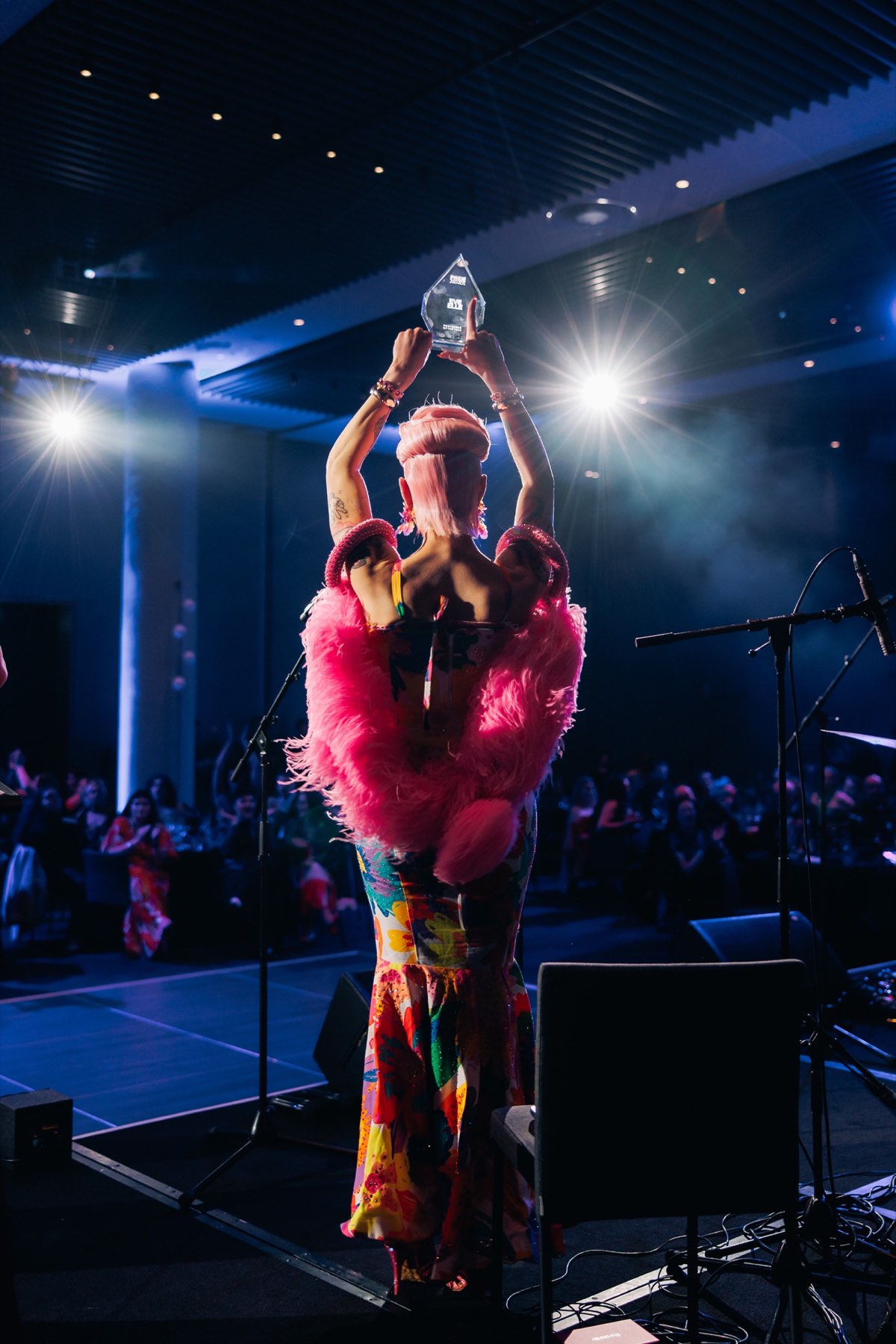 An award recipient on stage